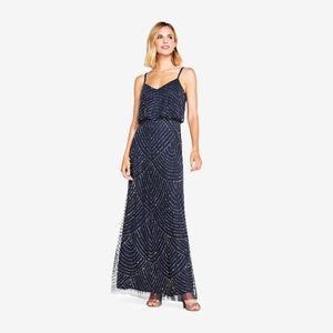 Adrianna Papell Art Deco Beaded Blouson Gown in Navy